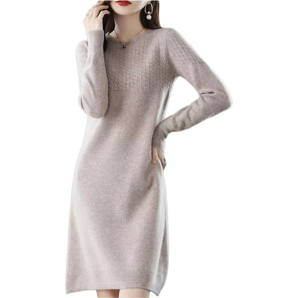 恒源祥 圆领纯色休闲长袖连衣裙 女款