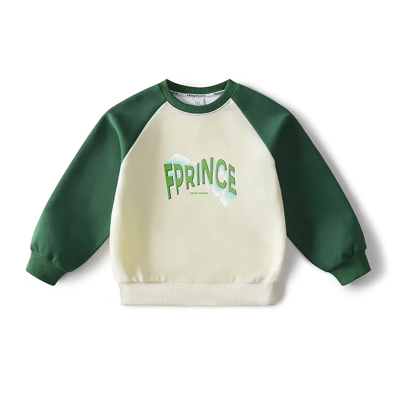 青蛙王子 圆领拼色简约插肩长袖卫衣 墨绿 儿童款