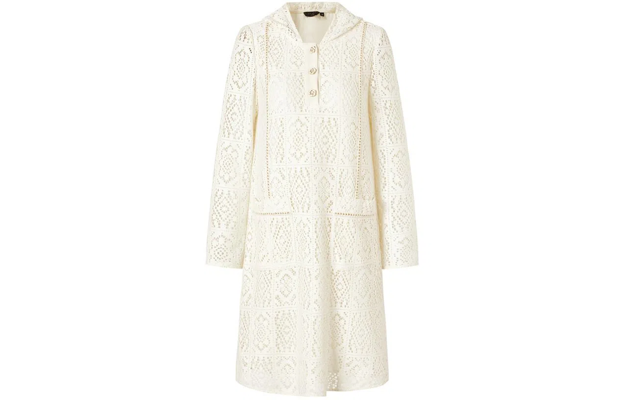 玖姿安娜蔻 纯色蕾丝连帽套头中腰中长款长袖连衣裙 女款