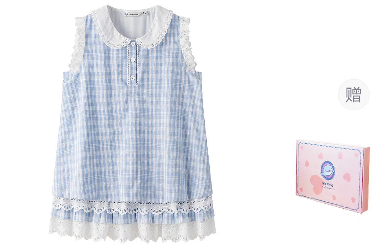 东鲸岁时记 格子海边度假休闲时尚无袖连衣裙 女款 礼盒装 蓝白格连衣裙