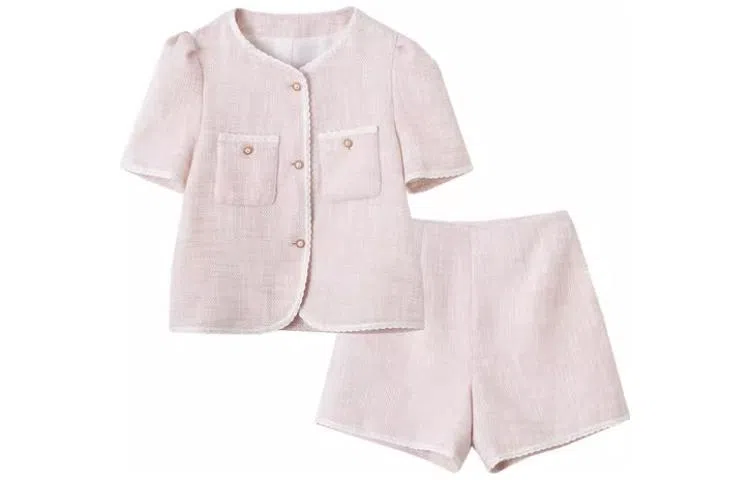 【dme】 圆领针织短袖上衣直筒短裤休闲运动套装 女款 浅粉红