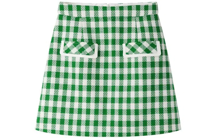 太平鸟 格纹休闲高腰半身裙 绿色