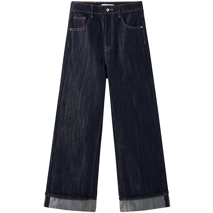 太平鸟 水洗高腰直筒长裤牛仔裤 女款 深蓝