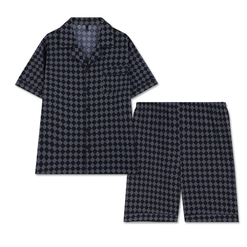 好福份 格子冰丝短袖短裤大码睡衣套装 男款