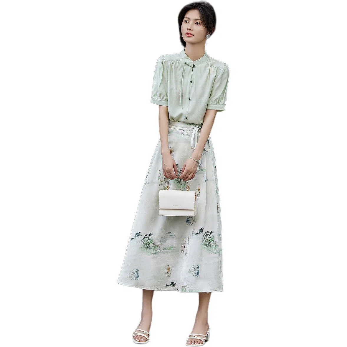 【dme】 纯色立领短袖衬衫植物花卉中长款中腰休闲长裙裙装套装 女款 淡绿