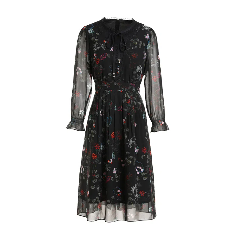 乔万尼 法式淑女收腰长袖连衣裙 女款 线描繁花图案