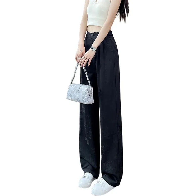 缪斯的诱惑 提花阔腿薄款绣花休闲高腰垂感黑色西装裤 女款