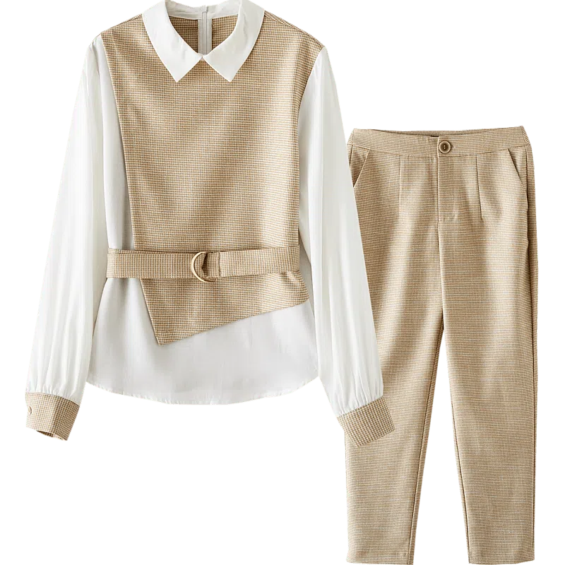 【dme】 衬衫职业套装优雅收腰时尚裤子两件套休闲套装 女款 杏色