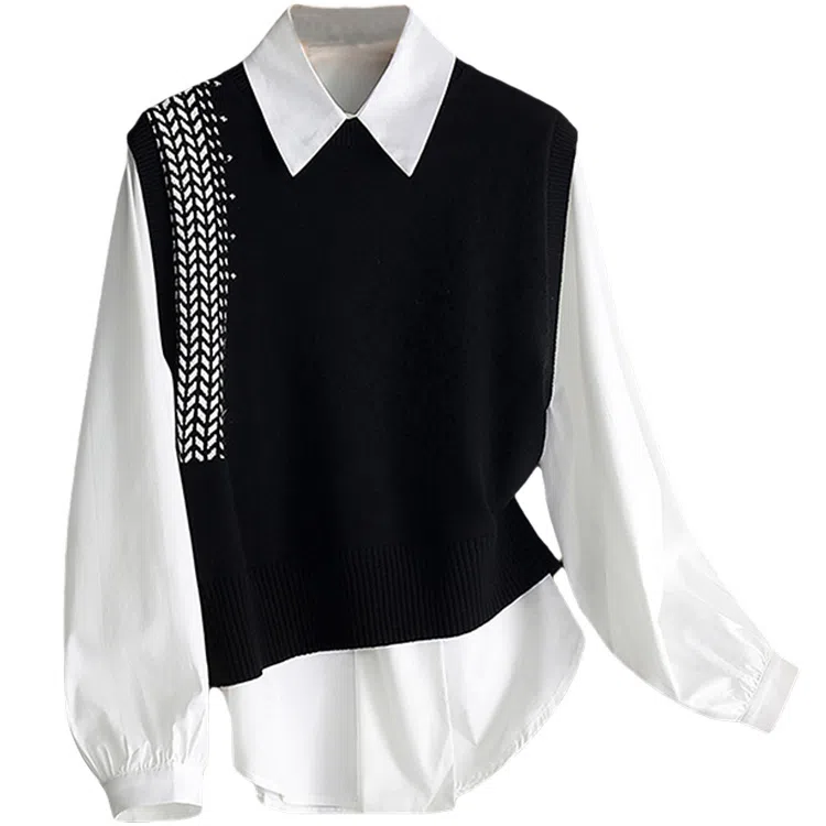 丝柏舍 针织纯色马甲方领衬衣休闲套装 女款