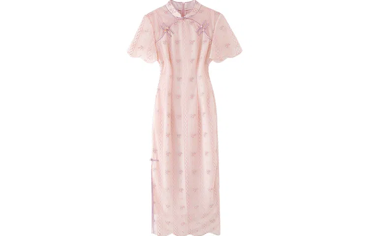 槿爷东方 燕脂 中式花卉刺绣网纱短袖旗袍 女款 烟粉色