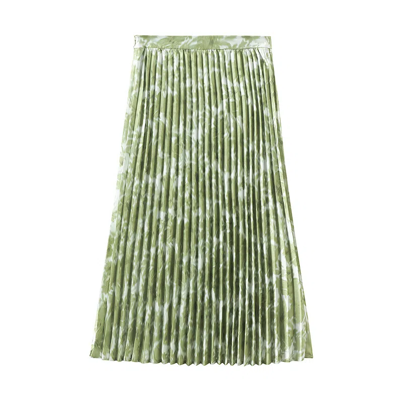 茵曼 中长款中腰百褶休闲长裙 女款 绿色