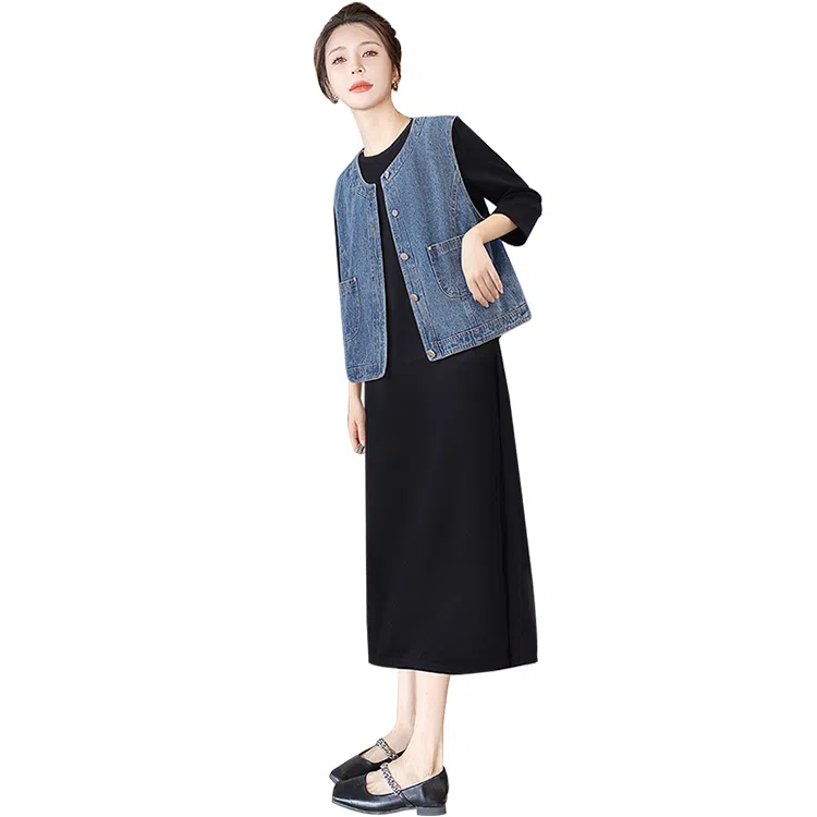 丝柏舍 复古单排扣牛仔马甲搭七分袖圆领中长款连衣裙简约裙装套装 女款 外深蓝里黑