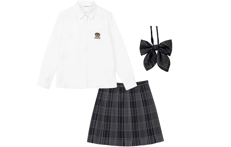 东鲸岁时记 纯色长袖衬衫百褶短款半身格裙制服套装 女款