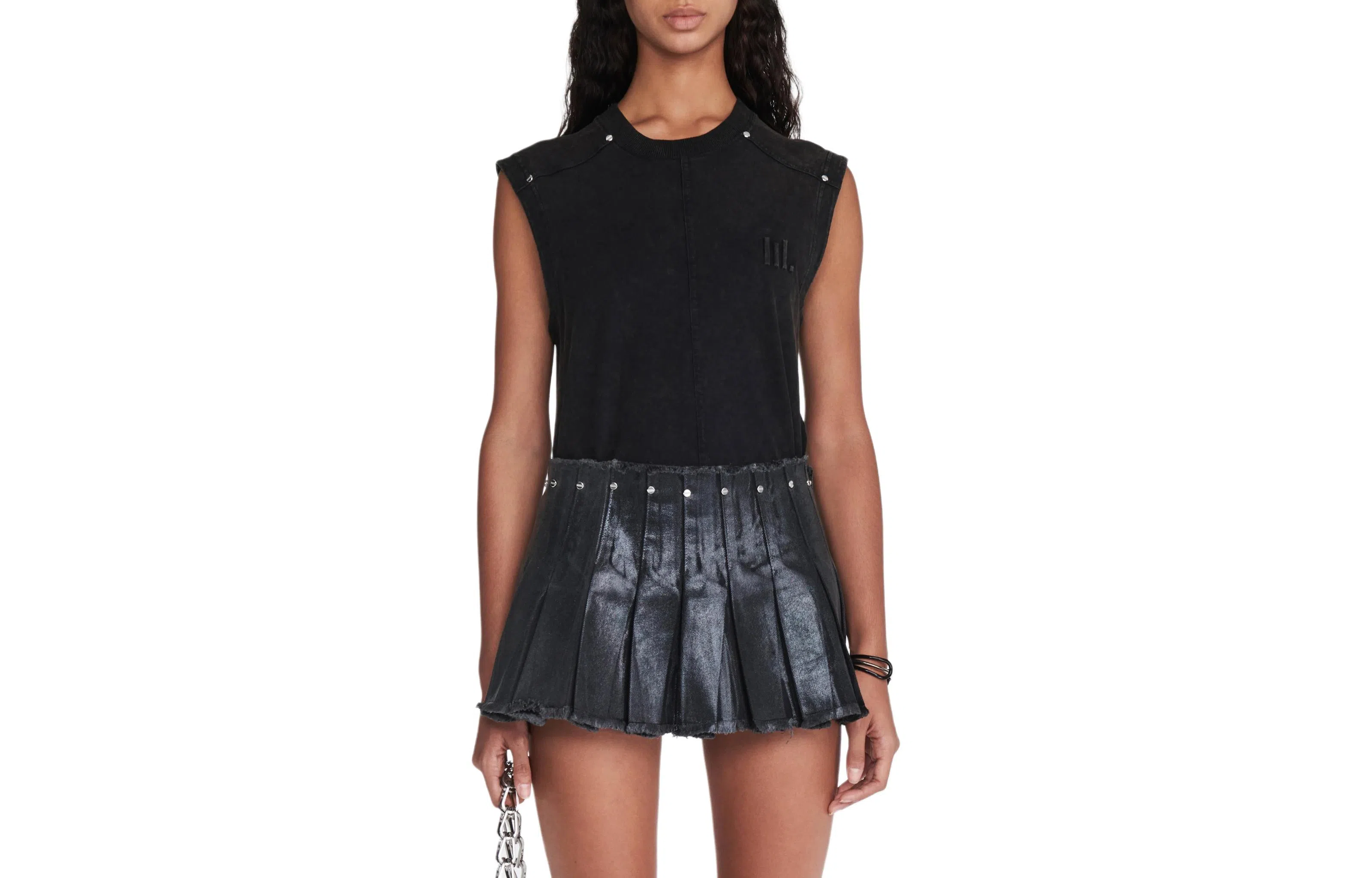 DION LEE SS24 LAMINATED PLEAT MINI SKIRT BLACK