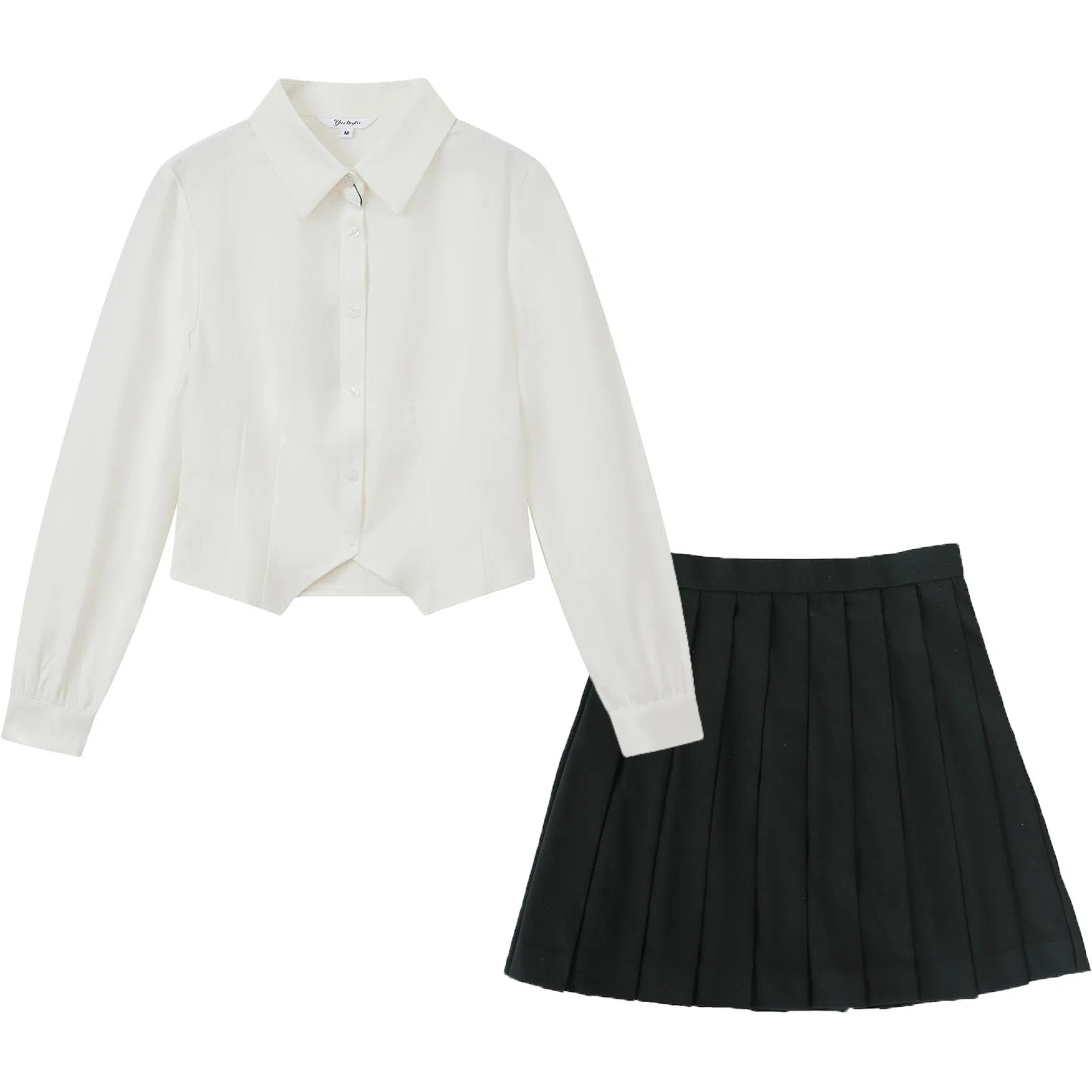 御茶家 学院风单排扣长袖衬衫纯色百褶裙制服套装 女款