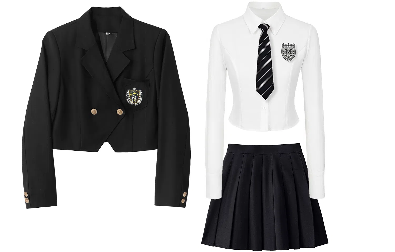 九条喵 徽章刺绣短款西装外套长袖衬衫纯色百褶短裙制服 女款