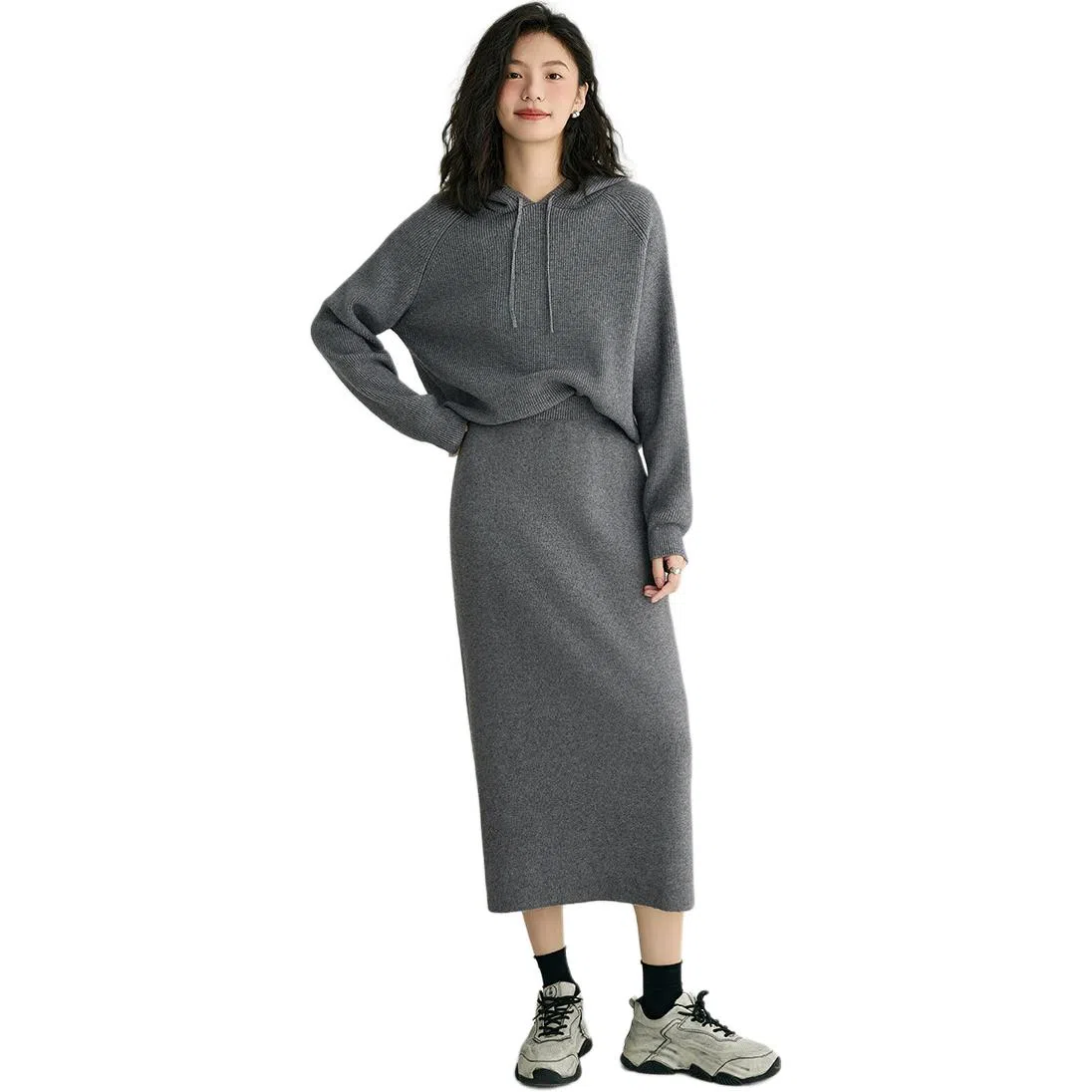 【dme】 连帽休闲长袖上衣针织衫纯色简约长裙裙装套装 女款 深灰色