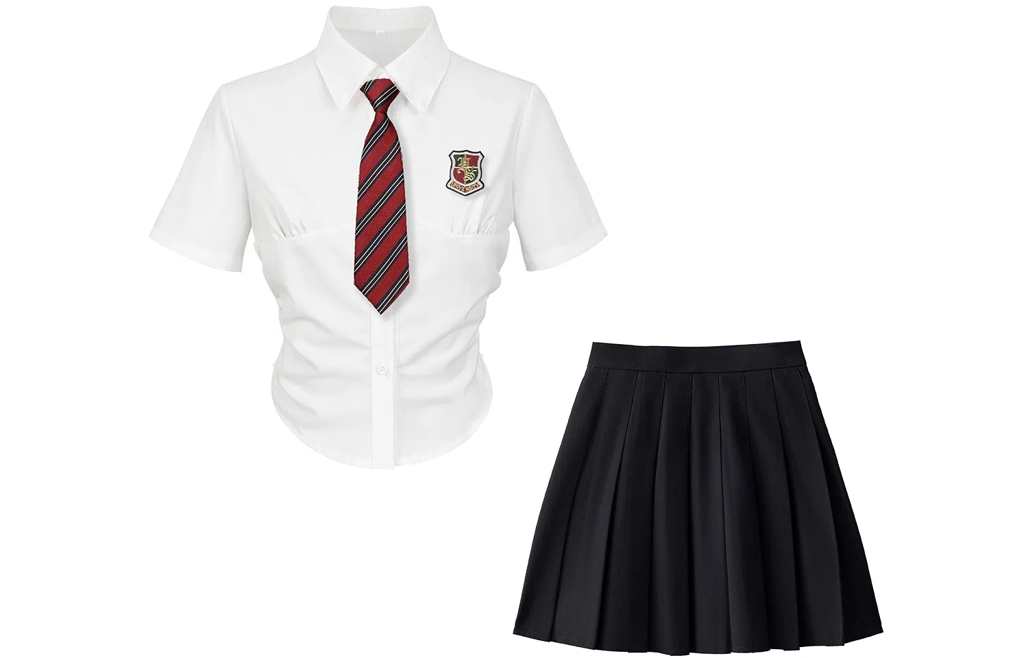 九条喵 徽章收腰修身短袖衬衫徽章领带纯色百褶半身裙制服套装 女款