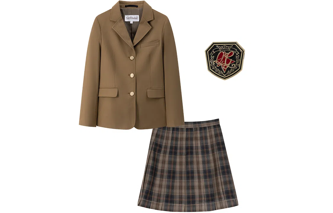 东鲸岁时记 纯色单排扣长袖外套格纹短款半身裙制服套装 女款