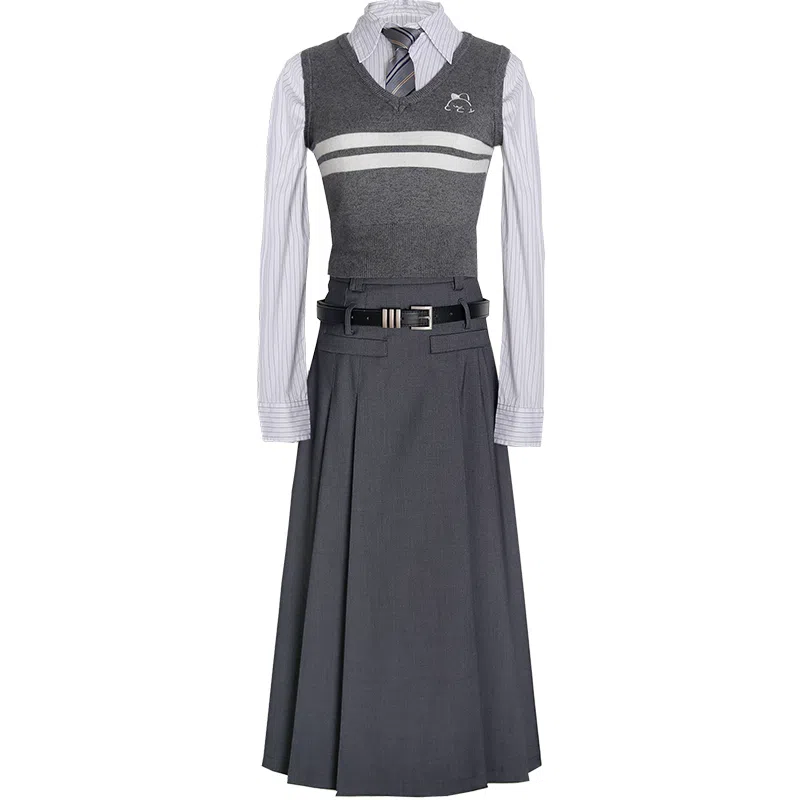 兔半眠 学院风马甲衬衫半身裙制服套装 女装 灰色