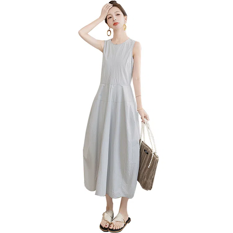 丝柏舍 简约圆领纯色休闲风中长款无袖连衣裙 女款