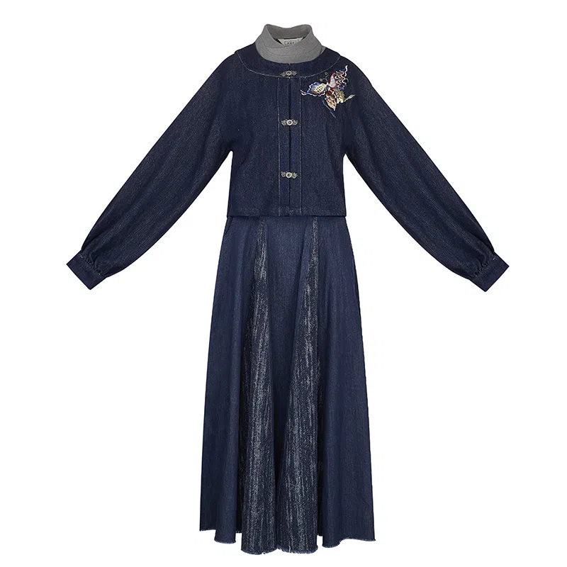 织造司 苍岚 牛仔汉元素圆领衫夹克外套改良毛边破裙原创唐制汉服 女款 深蓝色