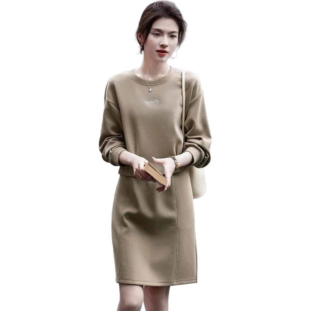 【dme】 圆领套头长袖卫衣纯色松紧合身半身裙裙装套装 女款 奶咖色