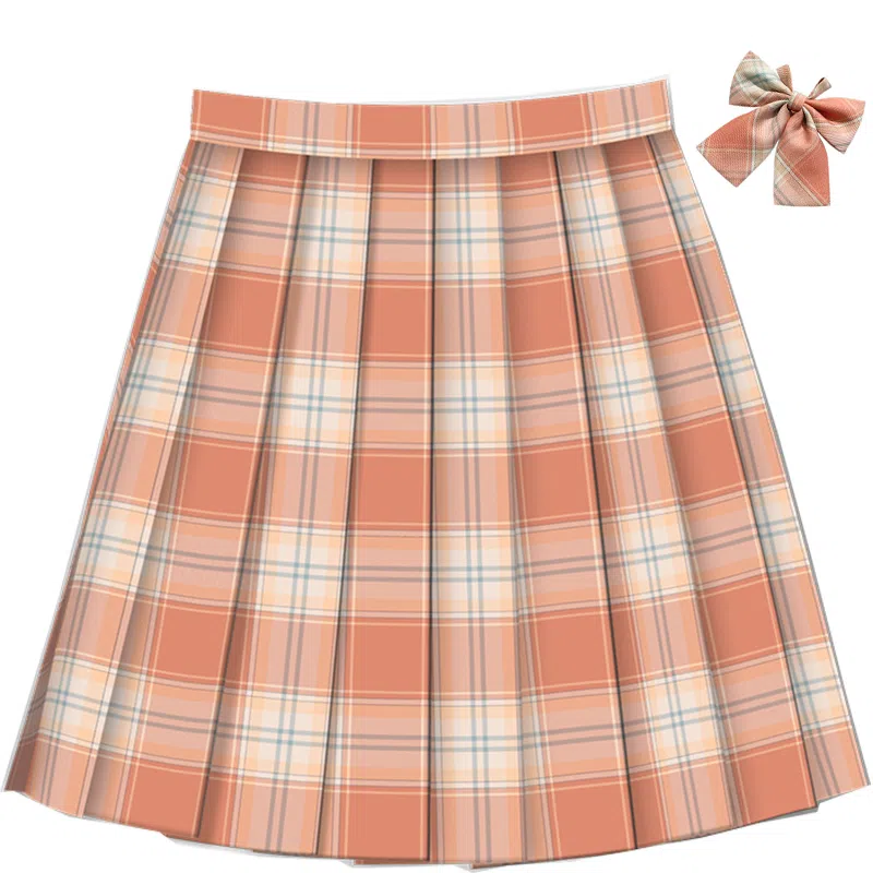 兔半眠 格纹百褶半身短款制服裙装 橙色