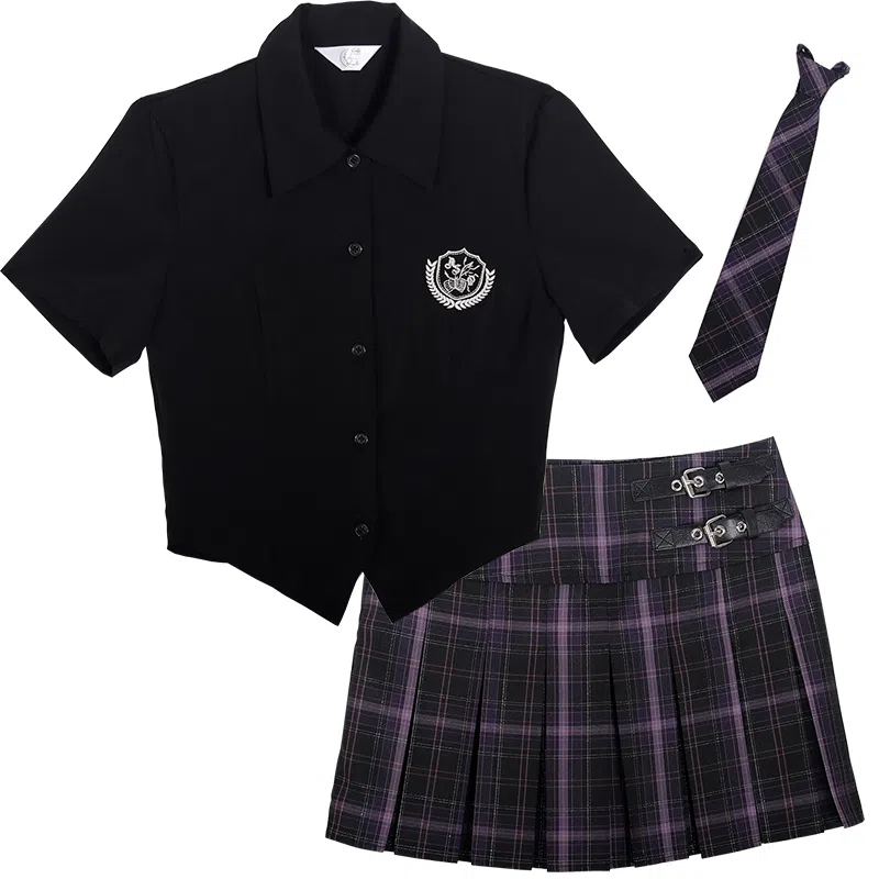 兔半眠 纯色徽章刺绣尖领短袖衬衫格纹半身裙制服套装 女款