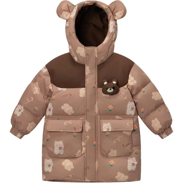 鸭鸭 连帽拉链保暖中长款羽绒服 米棕色调 中小童