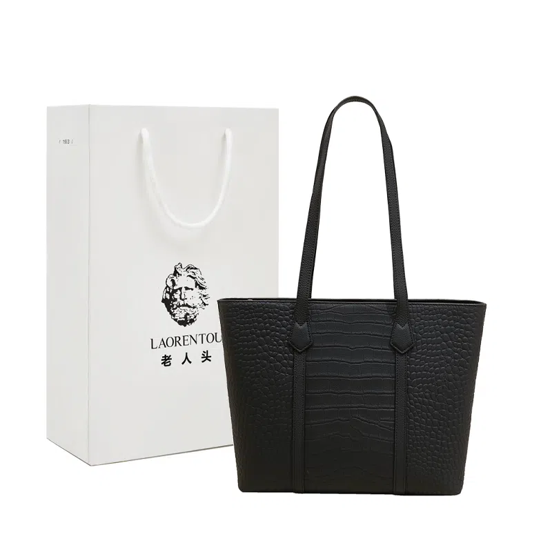 老人头 高级感通勤大容量鳄鱼纹休闲百搭托特包 牛皮革 单肩包 常规 女款 黑色/卡其色