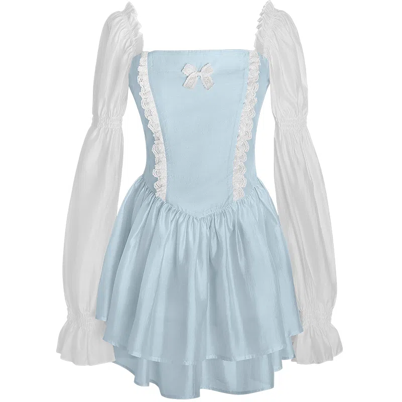 兔半眠 短款蓬蓬高腰长袖连衣裙制服 女款 天蓝色