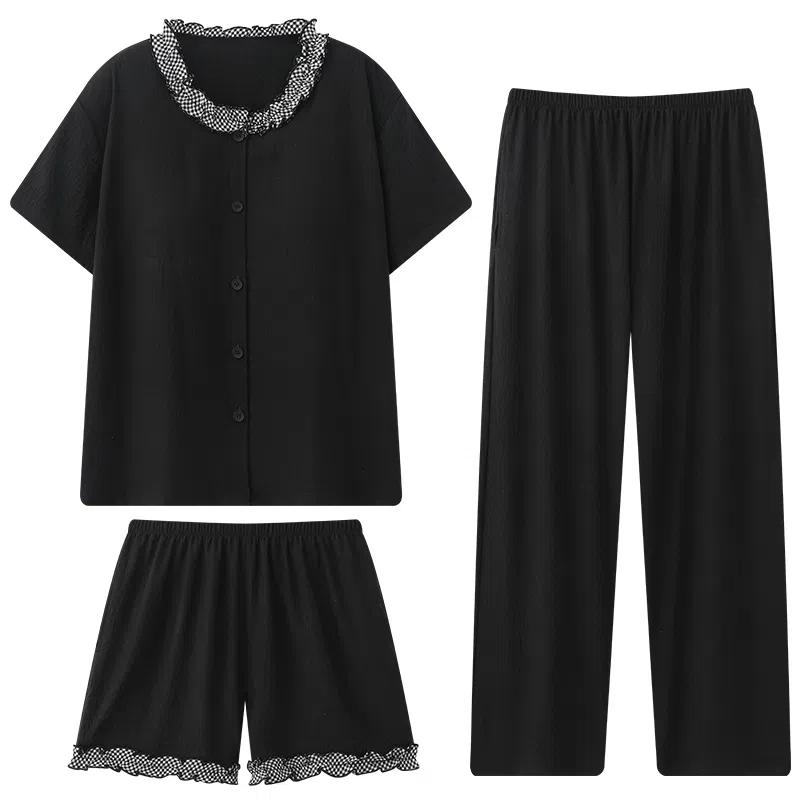 顶瓜瓜 短袖云朵棉花边纯色开衫圆领三件套家居服夏季睡衣套装 女款