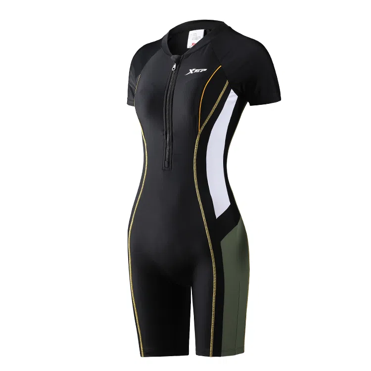 特步 撞色拼接平角连体泳装 女款 黑色