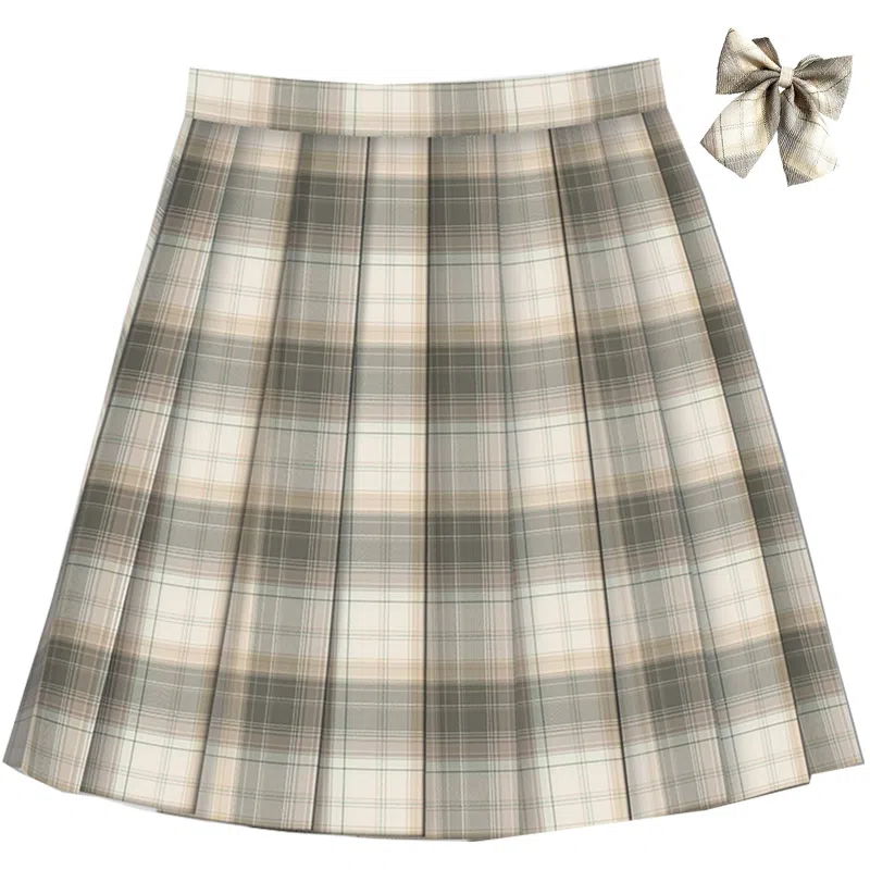 兔半眠 格纹短款百褶制服裙装制服 女款 浅绿色
