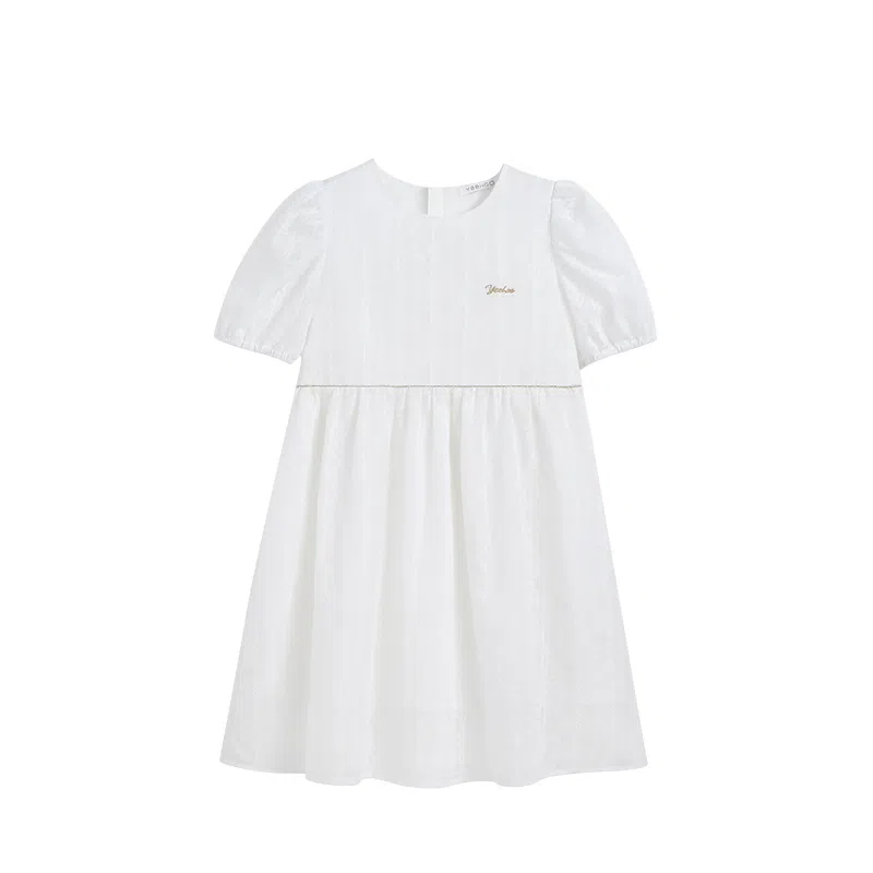 英氏 童装 泡泡袖暗纹绣花短袖连衣裙 女童 白色