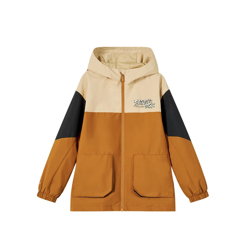 鸿星尔克儿童 时尚洋气休闲百搭加厚连帽拼色长袖夹克外套 枯竹褐 青少年