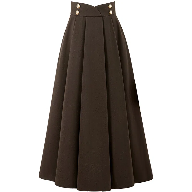 她池 纯色高腰宽松休闲长裙 女款 深咖色