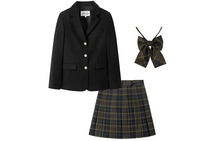 东鲸岁时记 纯色翻领西装外套格子短款百褶裙制服套装 女款