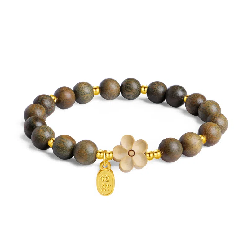 木盛缘 【招桃花】新中式国潮招财转运桃花简约森系木质佛念珠单圈复古好运莲莲 绿檀 手串 女款