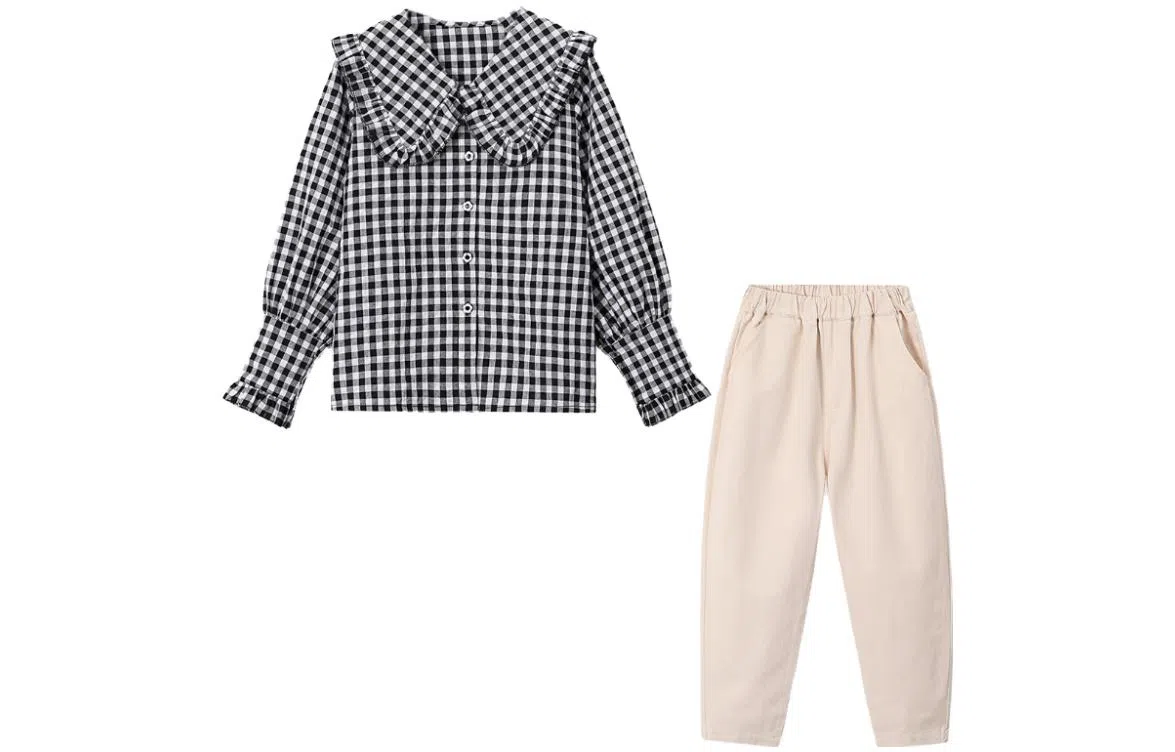 梦特娇 童装 黑白格子娃娃领长袖衬衫上衣纯色休闲裤下衣衬衫套装 女童 黑色