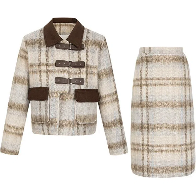 九条喵 毛呢学院长袖格纹外套中长裙裙装套装 女款 卡其色