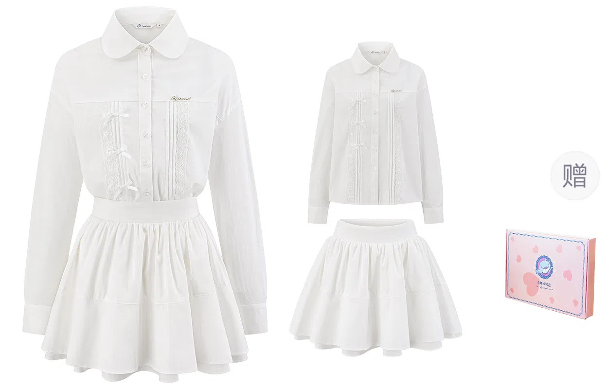 东鲸岁时记 法式气质长袖衬衫设计感小众蛋糕裙裙装套装 女款 礼盒装 长袖衬衫+白色短裙（含打底裤） 买赠衣架
