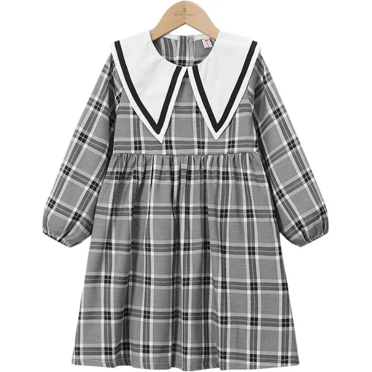 梦特娇 女童装 蝴蝶结格纹格子适中儿童连衣裙 夏 儿童款