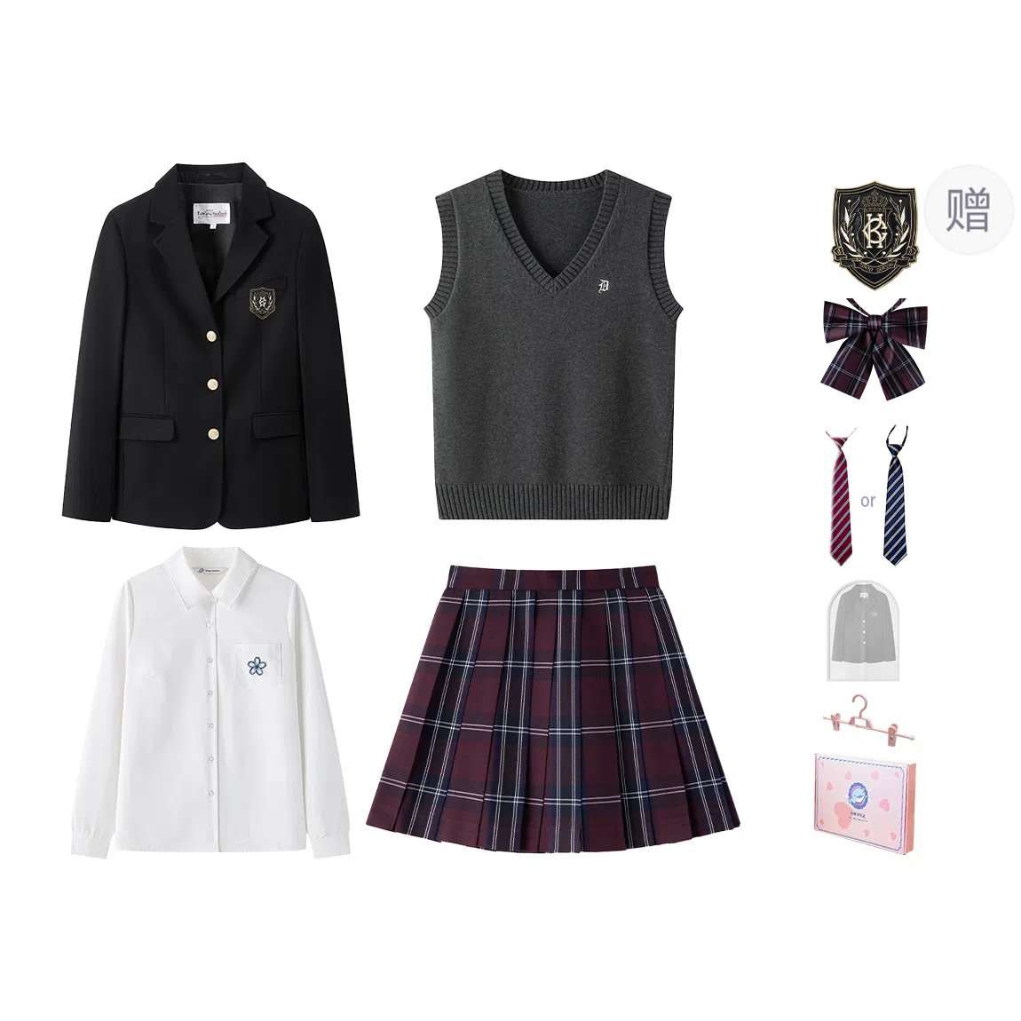 东鲸岁时记 学院风修身收腰西装高智感穿搭纯色格子百褶裙长袖衬衫针织开衫套装制服 女款