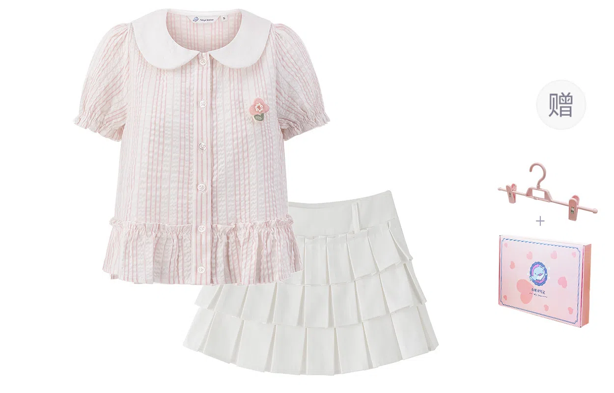 东鲸岁时记 可爱少女风娃娃领短袖衬衫纯色设计感半身短裙裙装套装 女款 两件装 礼盒装 碎花手册粉色衬衫+白色短裙（内含打底裤） 买赠裙夹