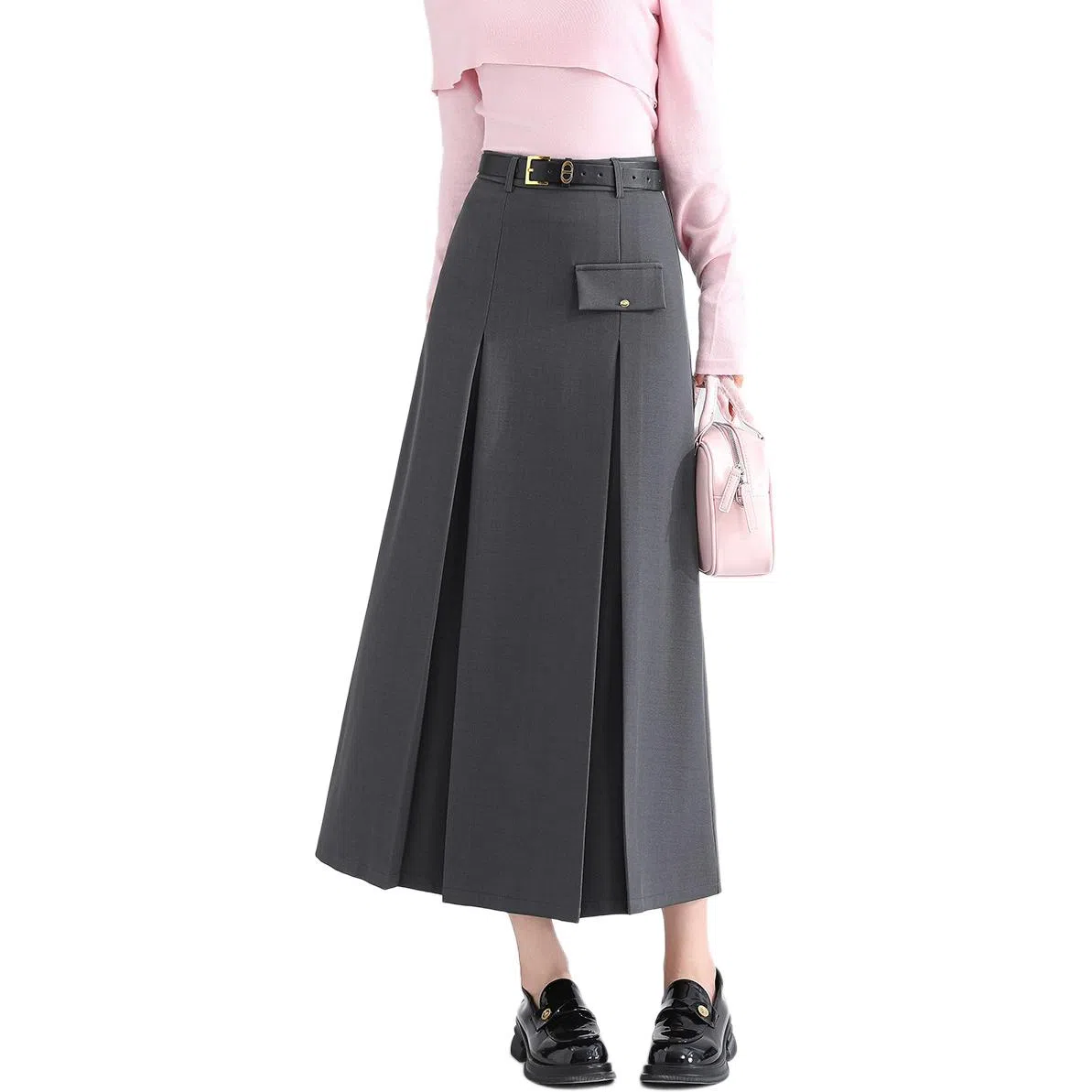 法文箱子 纯色高腰中长款休闲长裙 女款