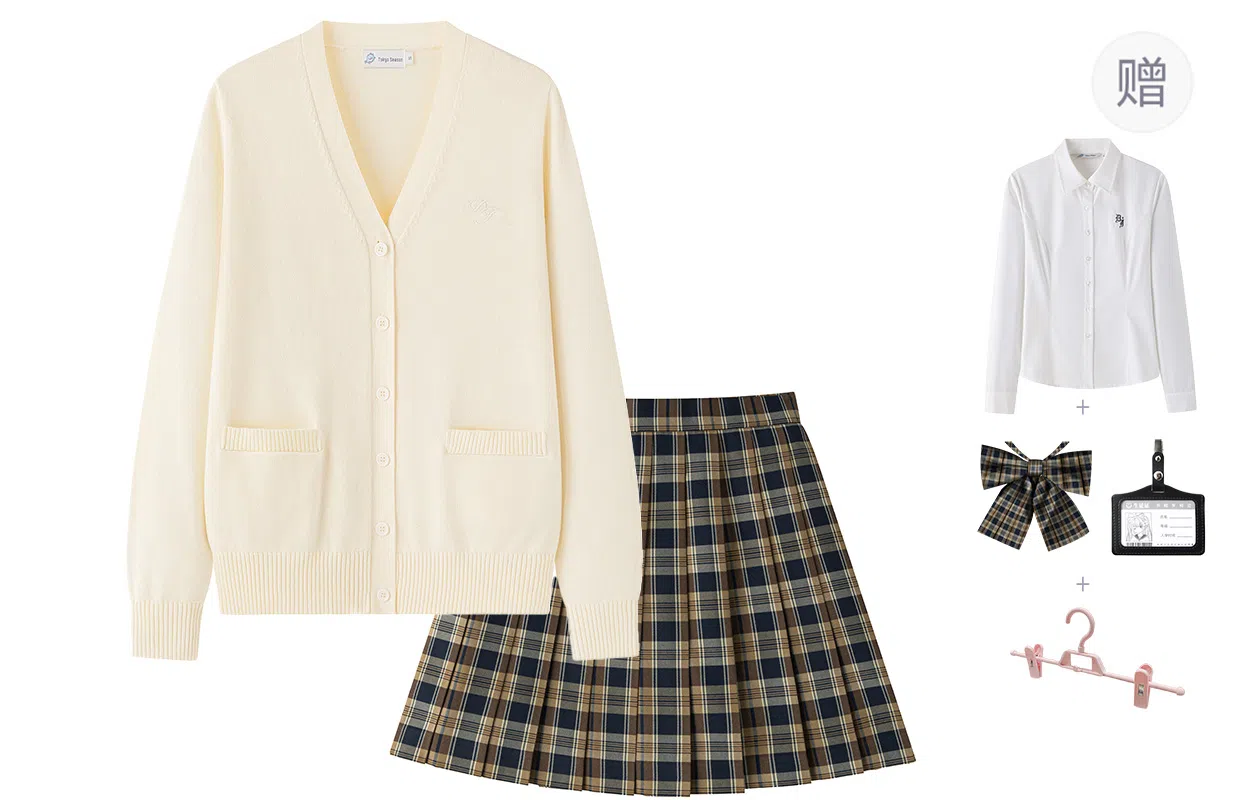 东鲸岁时记 学院风小个子温柔甜酷长袖针织衫格子百褶裙制服 女款