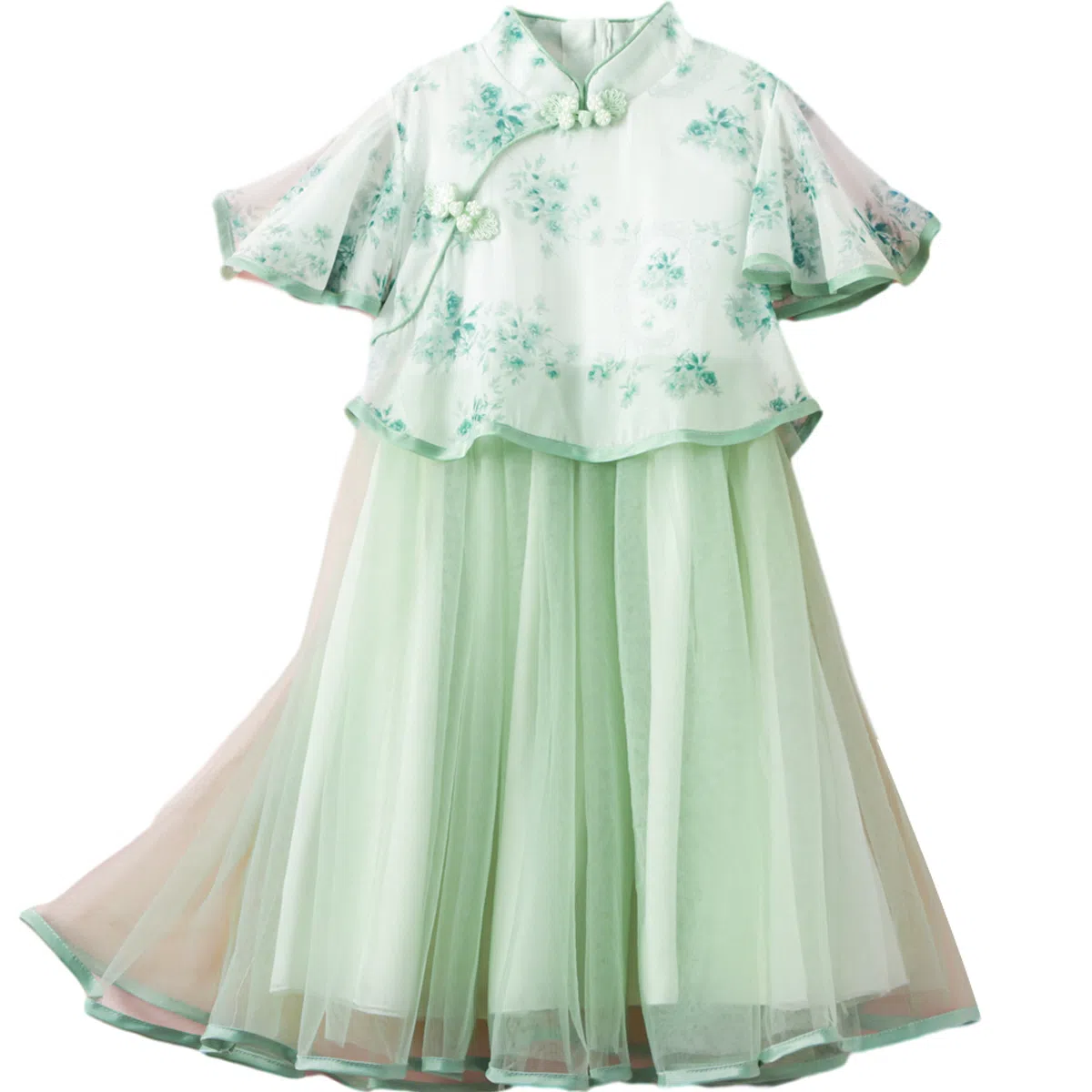 十月妈咪 中式国风短袖中长款网纱旗袍连衣裙汉服 夏 儿童款