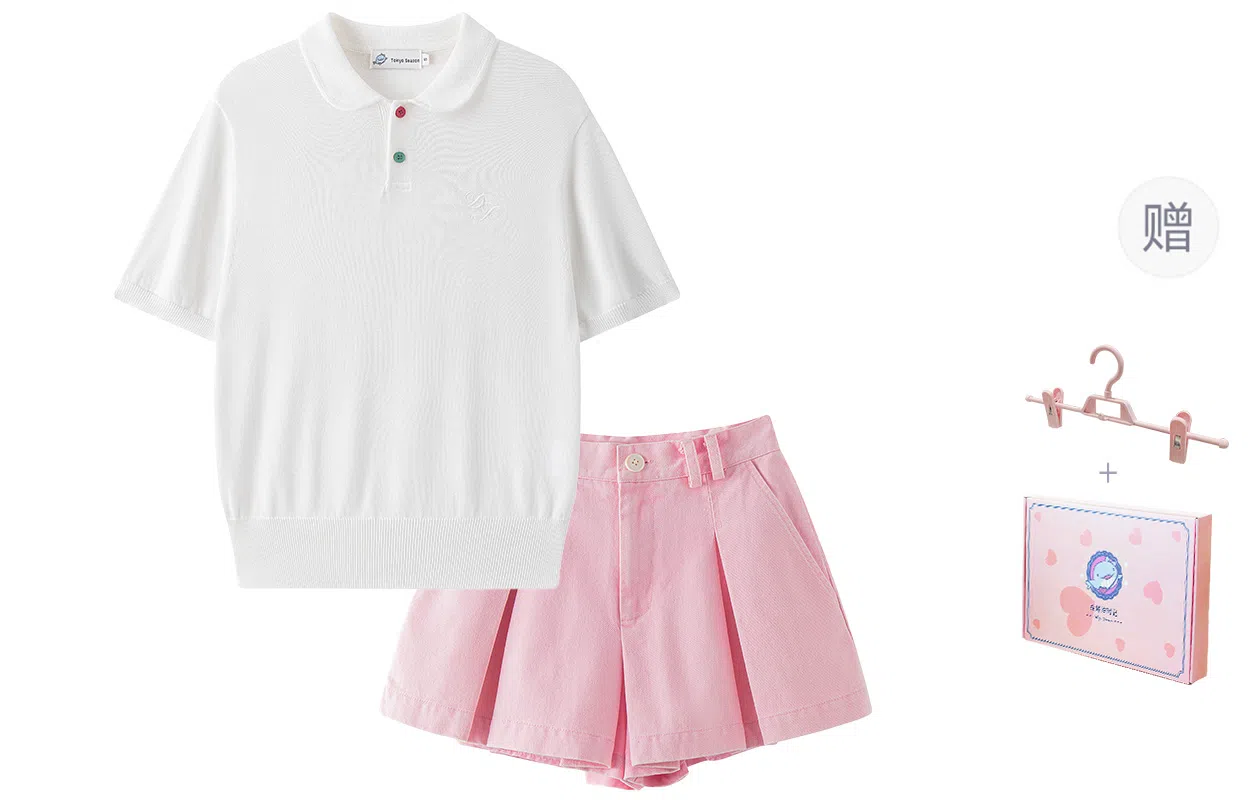 东鲸岁时记 可爱风纯色休闲上衣短袖短款下衣制服 女款 白色